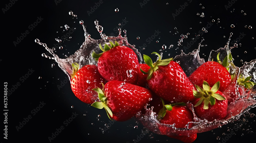 Fresh strawberry with water splashes on dark background. Generative AI