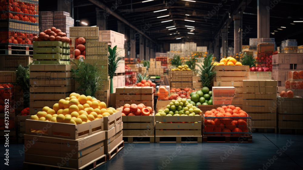 Ripe juicy fruits in a container. Production facilities of large warehouse - grading, packing and storage of crops.