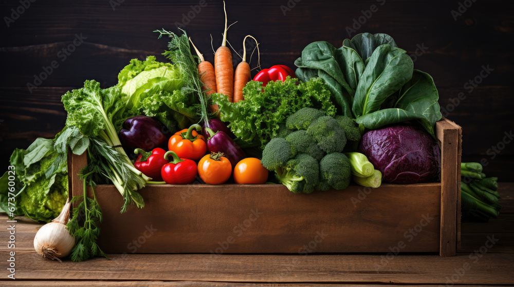  wooden box full of fresh raw vegetables. Basket with vegetable cabbage, carrots, cucumbers, radish, corn, garlic and peppers in the hands.