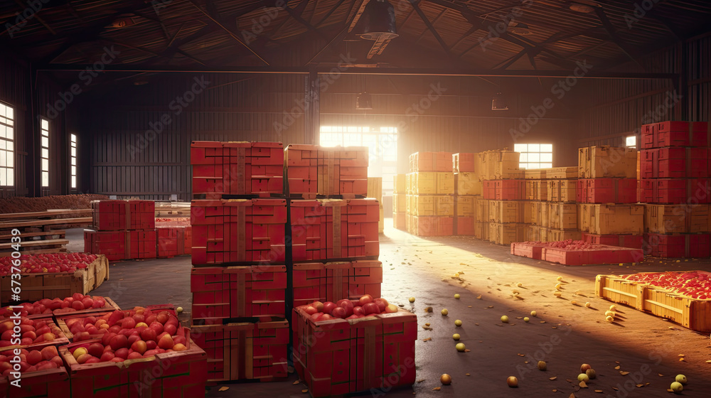 Apples in crates ready for shipping. Cold storage interior.apples in a warehouse 