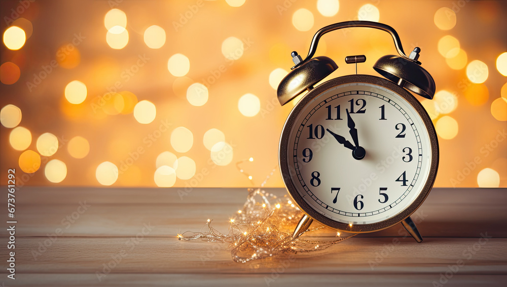 christmas alarm clock on the wooden table with sparkling baubles on bokeh background, copy space