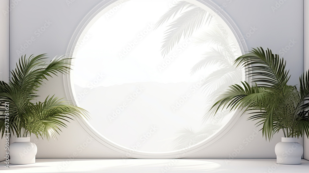 Empty stone podium and green leaves of tropical plants on gray backdrop, scene with copy space for products presentation. Empty modern minimal concept mock up for cosmetic products advertisment