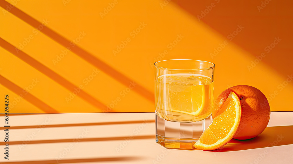 a glass contains orange juice with the orange and a slice of lemon,