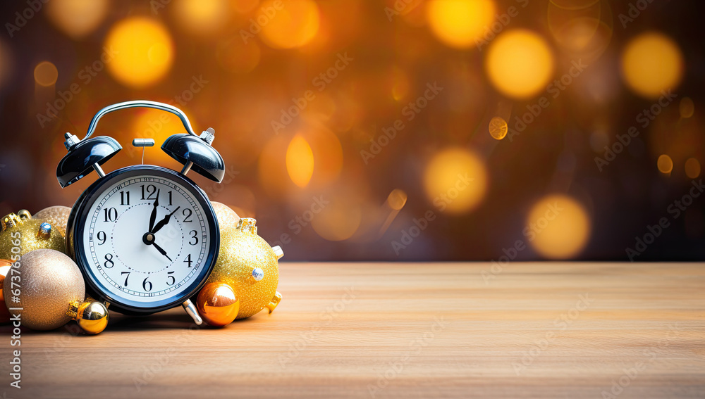 christmas alarm clock set to five to midnight on decorated table on gold bokeh background. Happy New Year , copy space