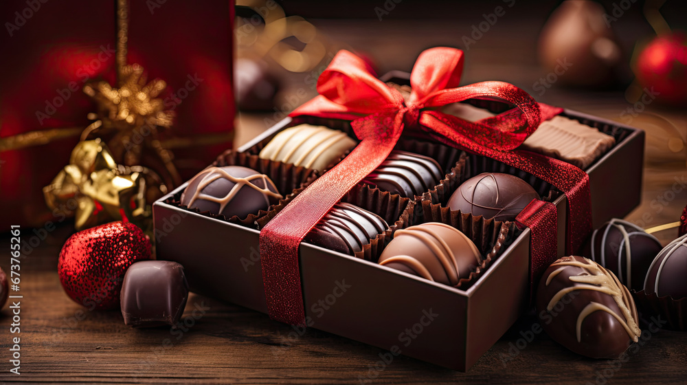 box of chocolates, chocolate candies in box ,chocolate pralines in a gift box as a luxury holiday present