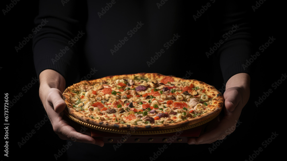 Hands holding a pizza box. Pizza is ready for delivery