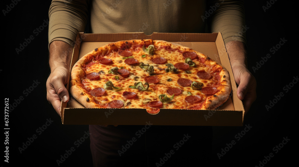 Hands holding a pizza box. Pizza is ready for delivery