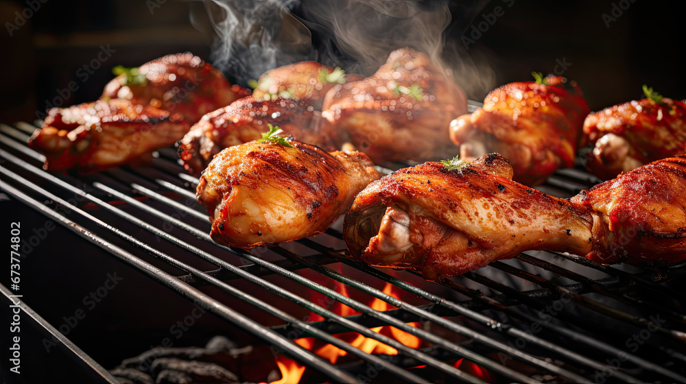 grilled meat on the grill, juicy seasoned chicken drumsticks on a grill 