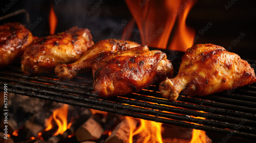 grilled meat on the grill, juicy seasoned chicken drumsticks on a grill 