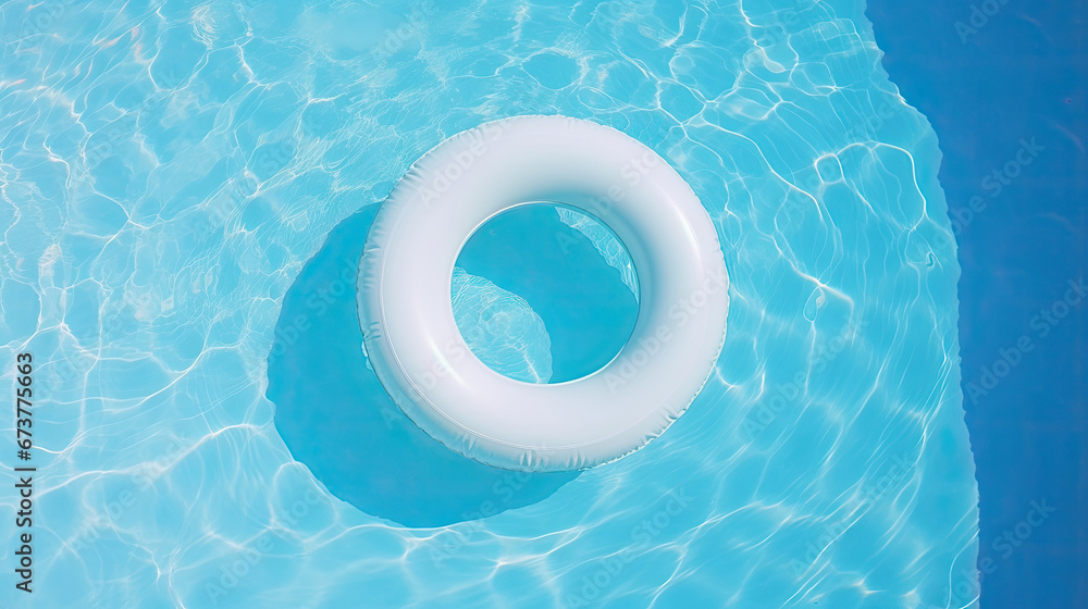 white inflatable ring floating in swimming pool. Vacation concept with copy space