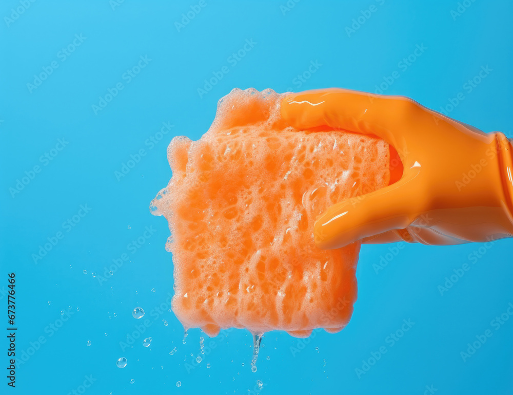 orange rubber glove hand washing with sponge on blue background