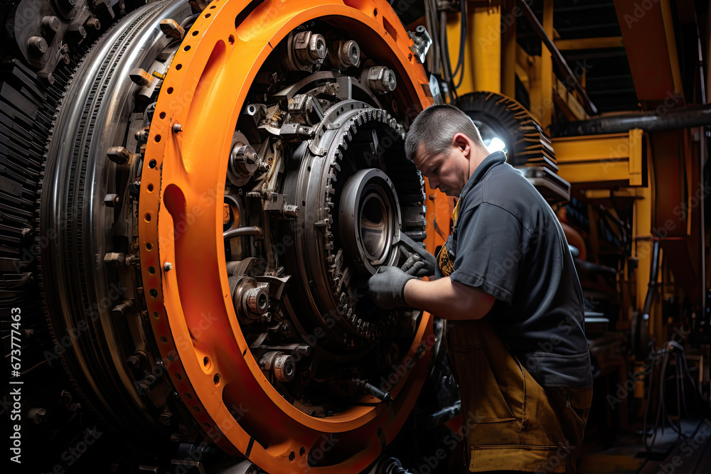 mechanic changing wheels, Professional engineer checking machine walk through giant motor, Manufacturing Factory. Large Indust