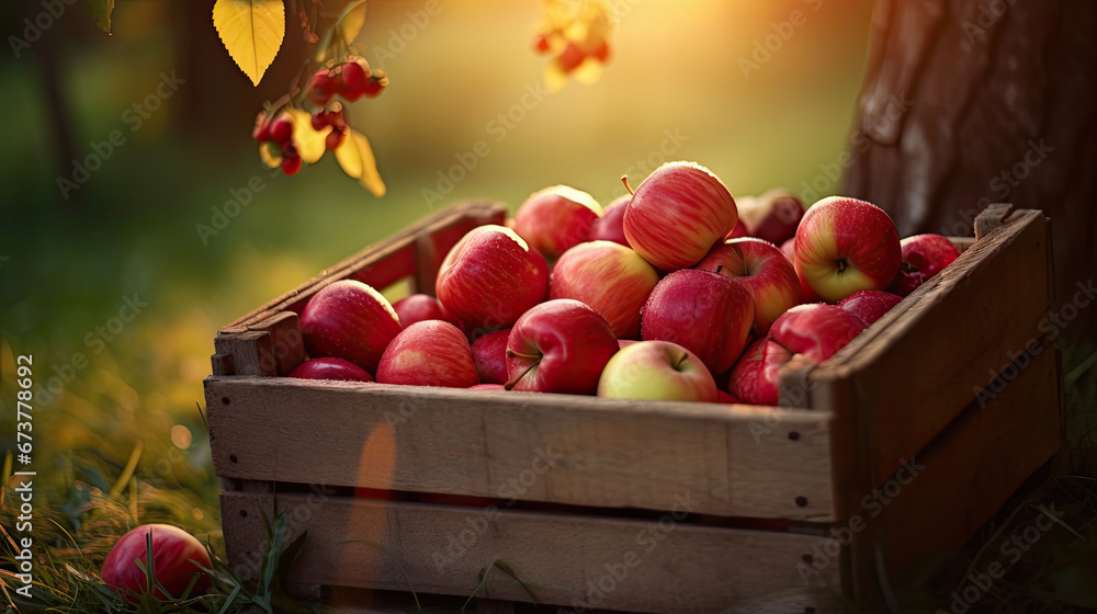 Apples In Wooden Crate On Table At Sunset - Autumn And Harvest Concept