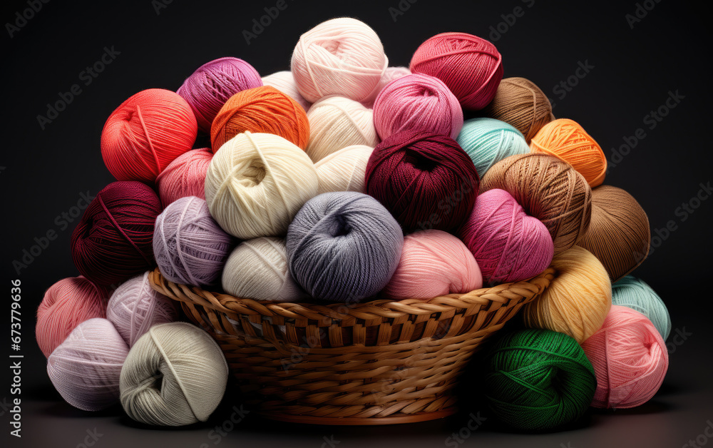 Balls of yarn in a basket on black background