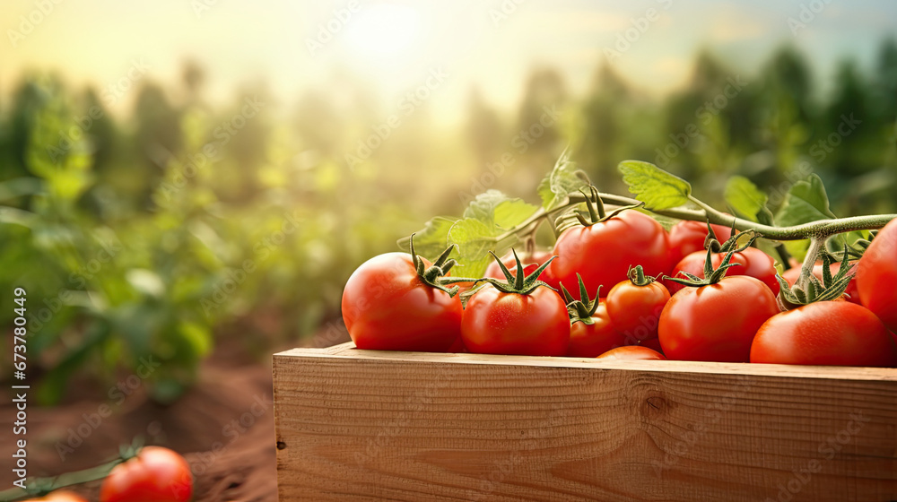 juicy Ripe red tomatoes in a wicker basket on a natural background.Harvesting tomatoes.