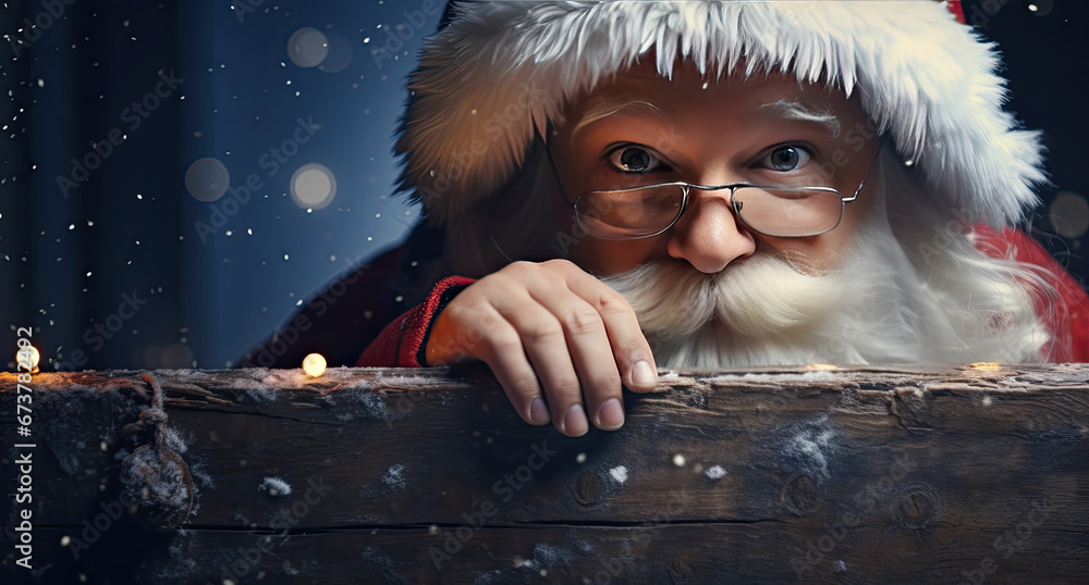 santa Claus peeking out through a board decorated in lights in winter