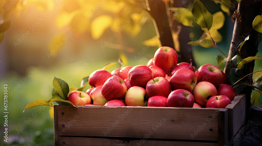 Apples In Wooden Crate On Table At Sunset - Autumn And Harvest Concept