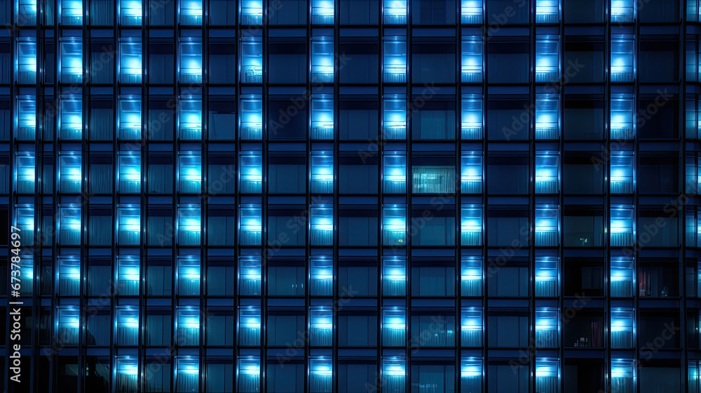 Seamless skyscraper facade with blue tinted windows and blinds at night