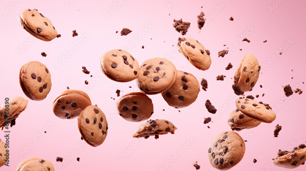 several chocolate chip cookies falling from the sky on a pink background