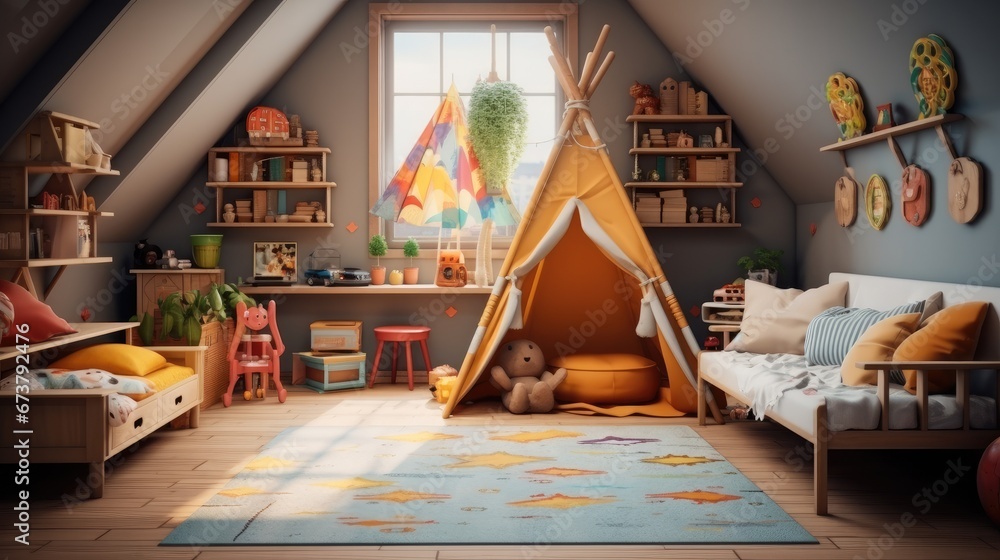 Childrens bedroom with toys and tent set up.