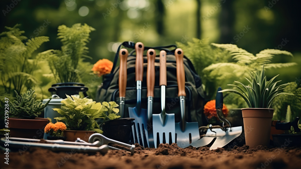 Gardening tools on planting area in the garden.