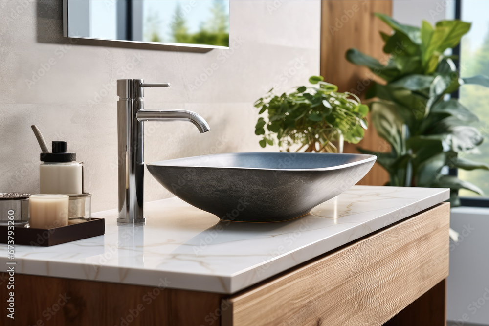 White sink on light countertop in modern bathroom.