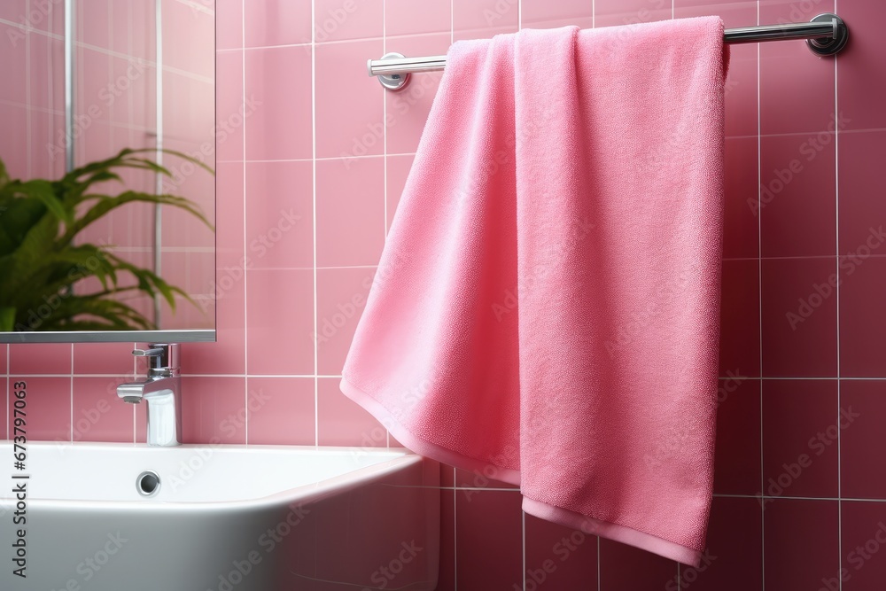 Hanging pink towel on a towel rack.