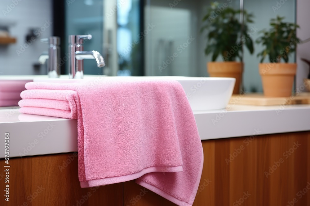 Hanging pink towel on counter in modern bathroom.