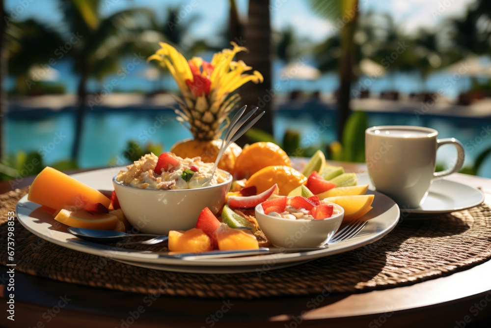 Colorful tropical breakfast on table in hotel outdoor.