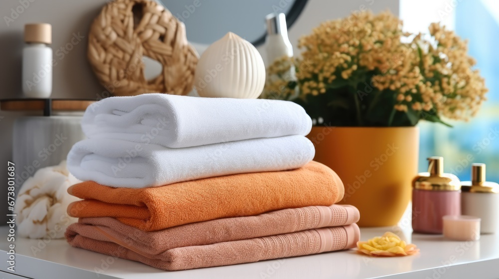 Stack of clean towels on table.