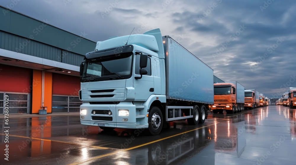 Trucks parked in a distribution warehouse ready to deliver cargo, Truck in warehouse, Cargo Transport.