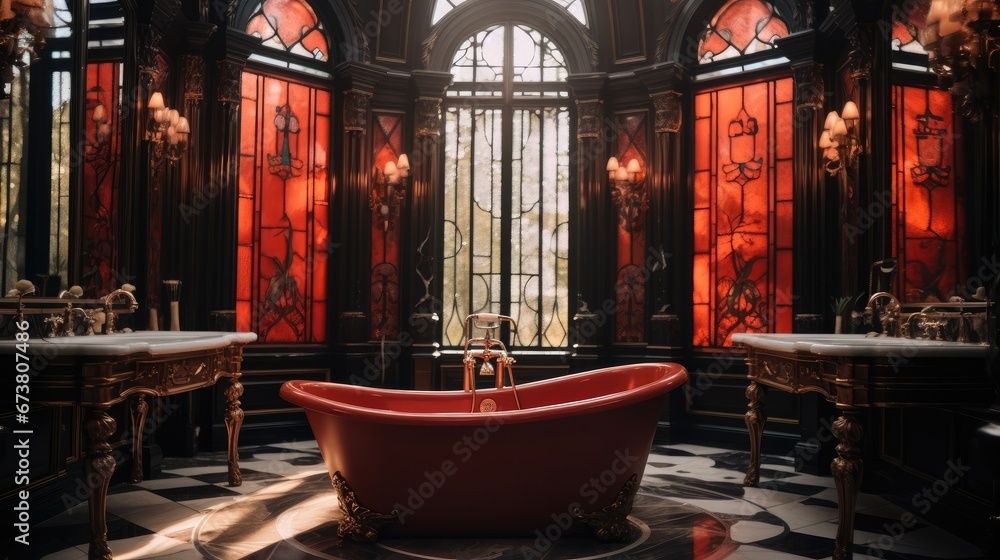 Interior elegance of a bathroom red and black, stained glass, luxurious.