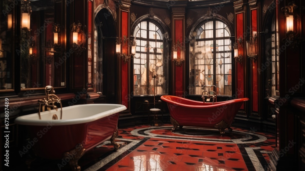 Interior elegance of a bathroom red and black, stained glass, luxurious.