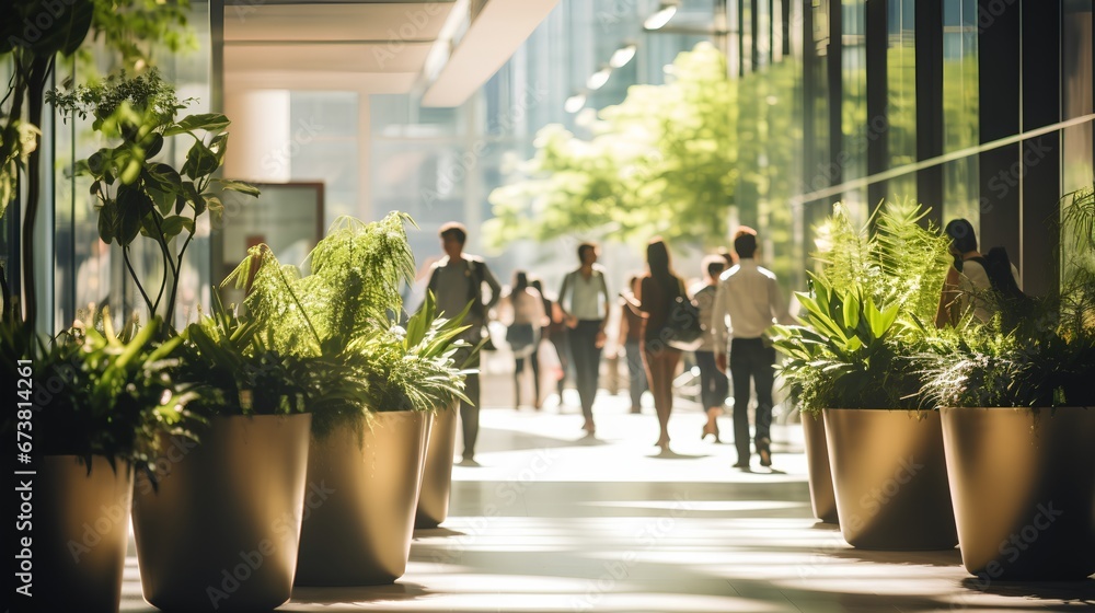 Green business company and sustainable corporative environment with lush plants for employee wellbeing and ESG standards. Ecological office space with nature elements. Serene and peaceful environment