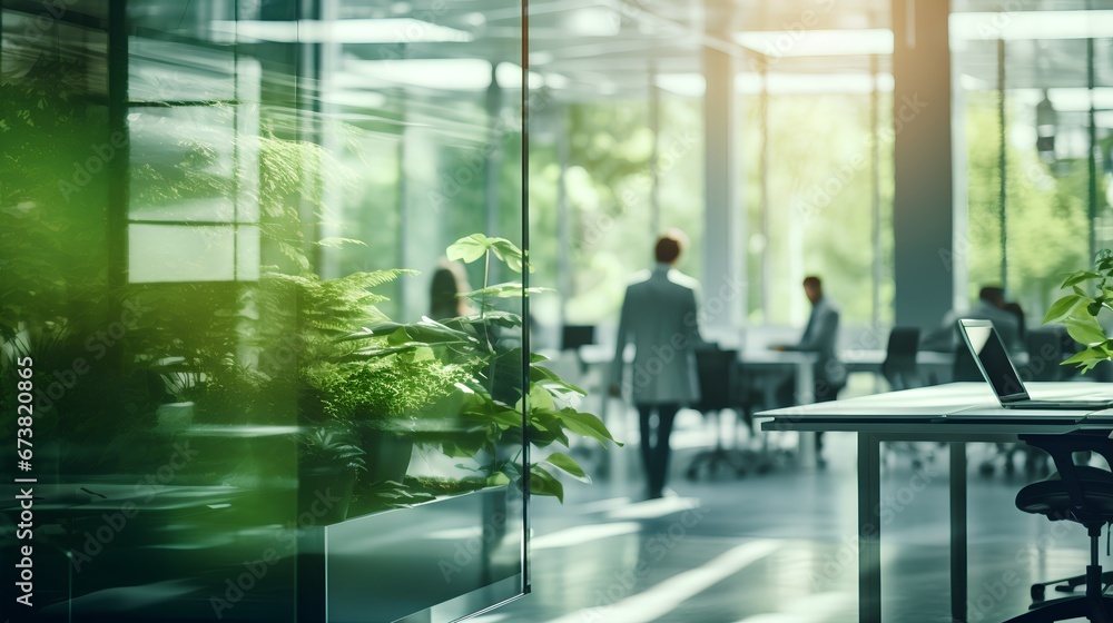 Green, sustainable and environmental office space with daily employee rush. Modern and nature friendly startup business with ESG standards and care for worker wellness and healthy environment.