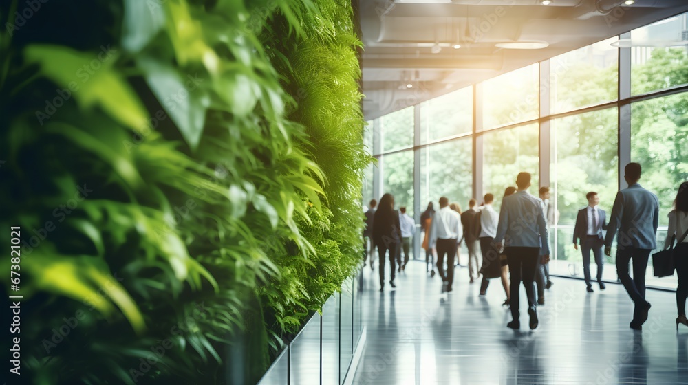 Green, sustainable and environmental office space with daily employee rush. Modern and nature friendly startup business with ESG standards and care for worker wellness and healthy environment.