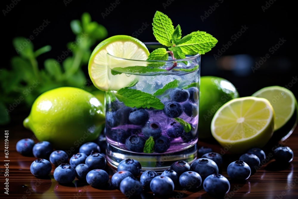 a cocktail of blueberries and mint with lime in the glass