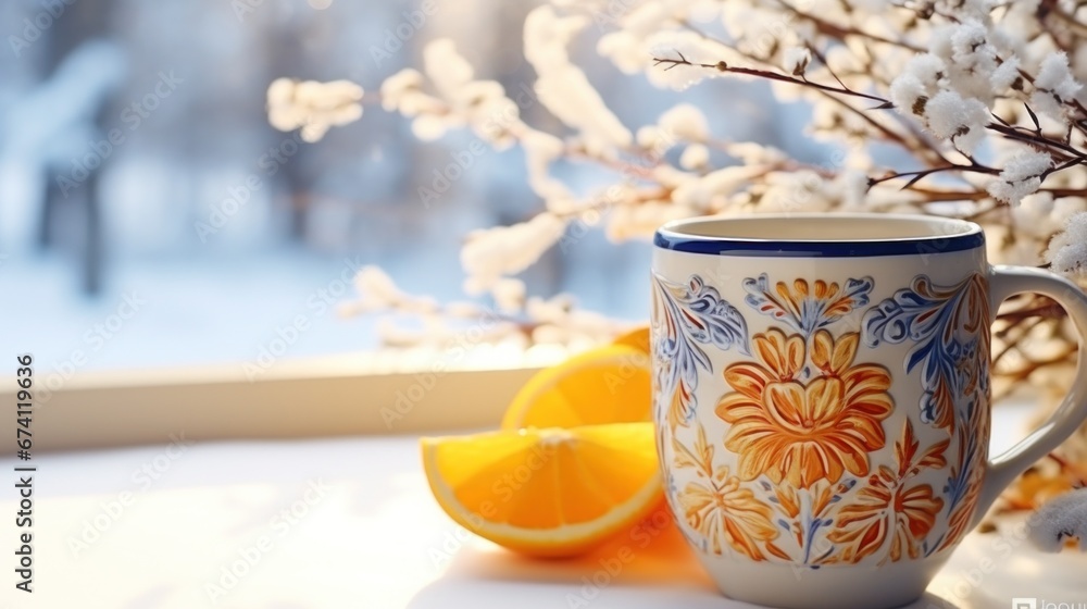 warm cup of coffee sitting on the window sill.