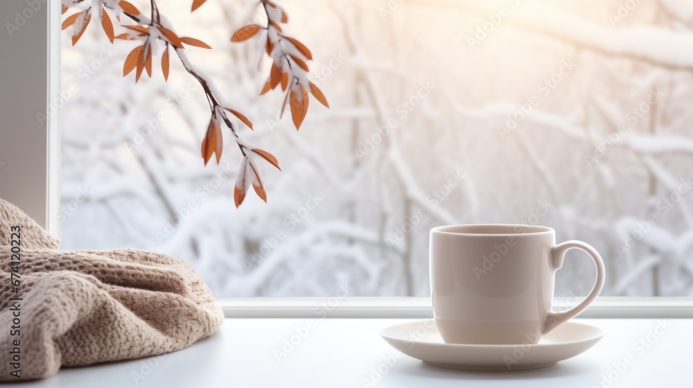 warm cup of coffee sitting on the window sill.