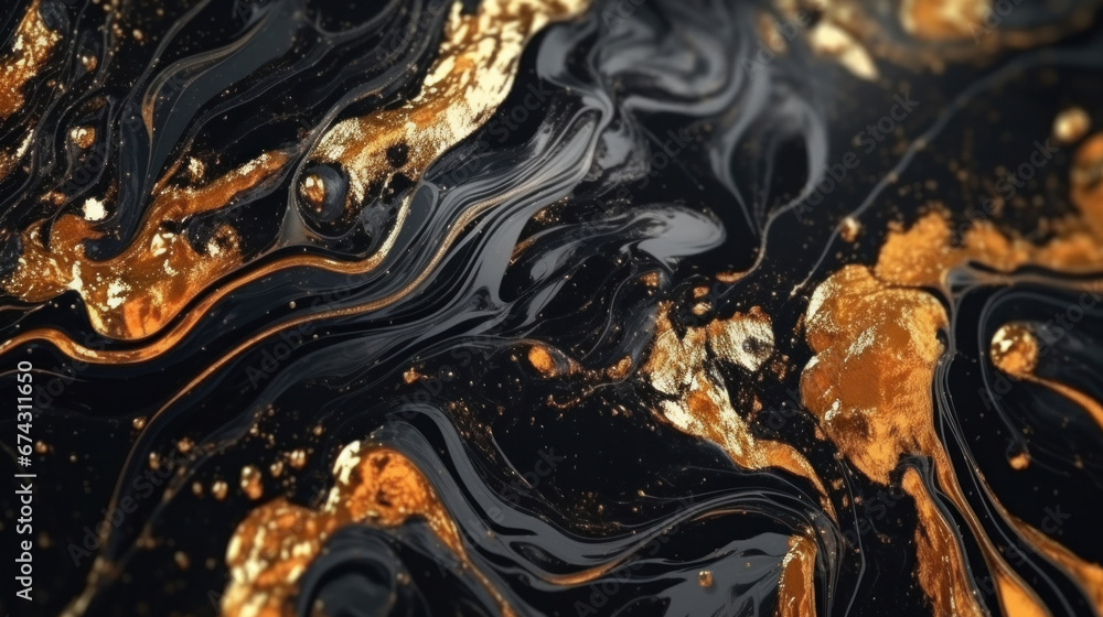 Abstract of Black marble background with gold liquid pattern. Marble or granite wall with golden wave splash.