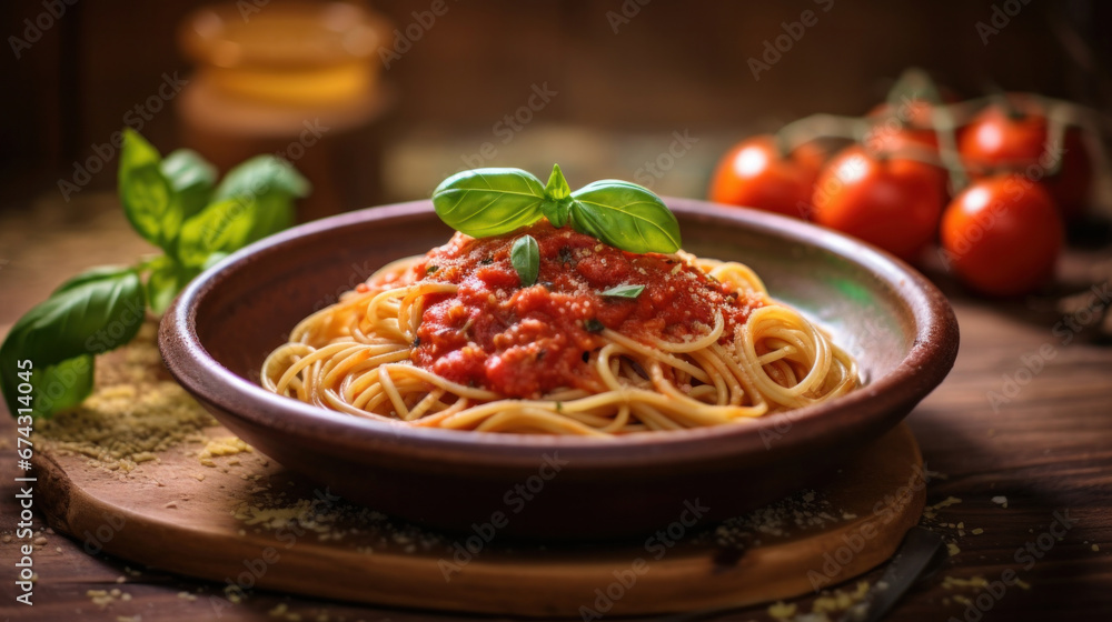 Italian spaghetti on rustic wooden table in the restaurant.