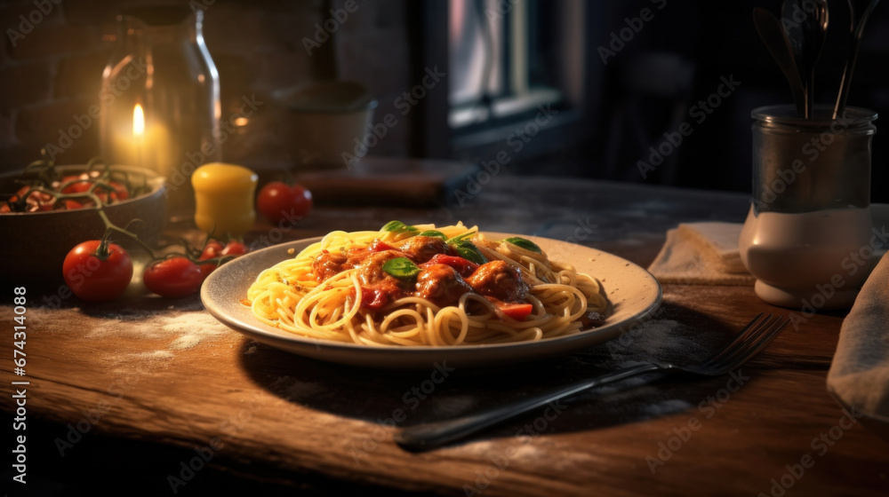 Italian spaghetti on rustic wooden table in the restaurant.