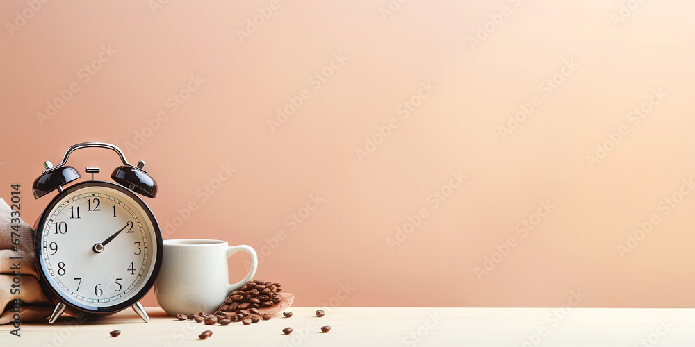 Vintage alarm clock and cup of hot coffee on the uniform pastel backdrop with a copy space. Generative AI