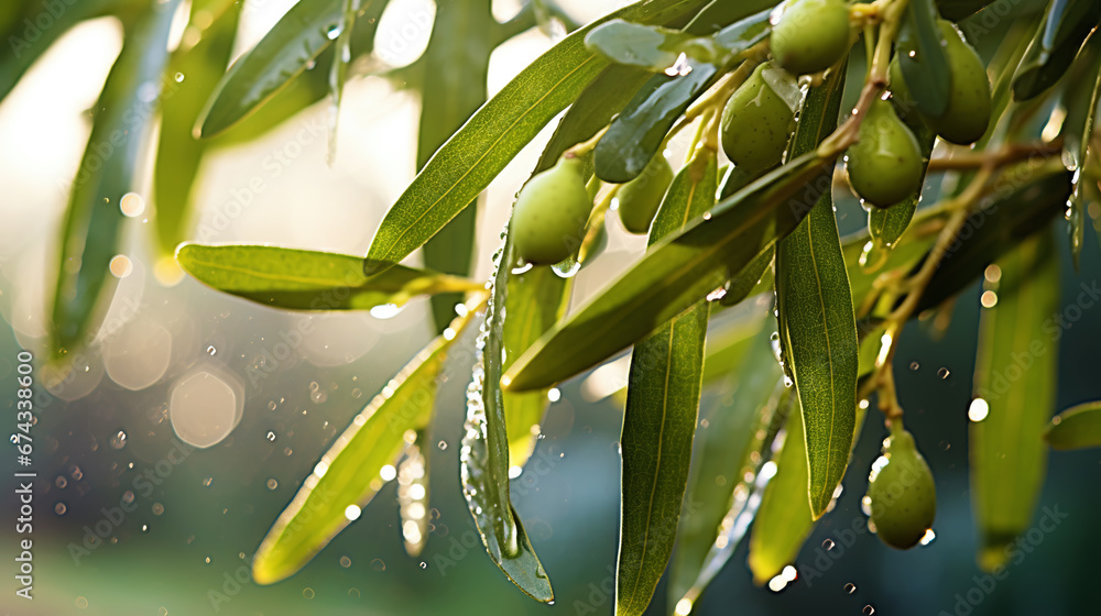 Closeup of olives with dew drops on the branch of olive tree on the sunset. Generative AI