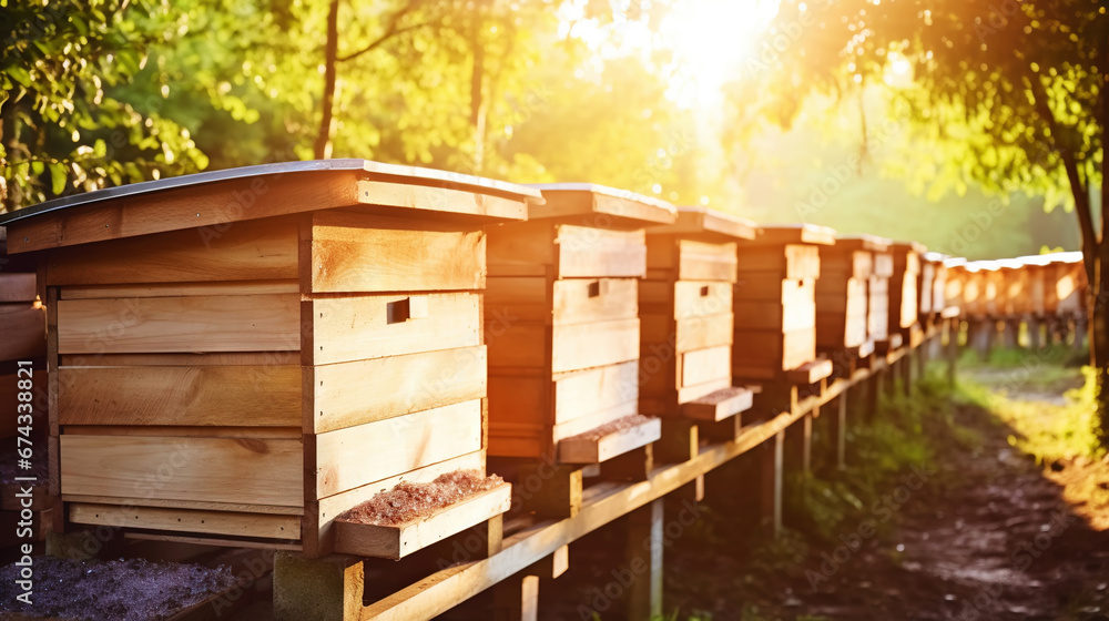 Closeup of honey hives in an apiary, sunny day. Apiculture concept. Generative AI