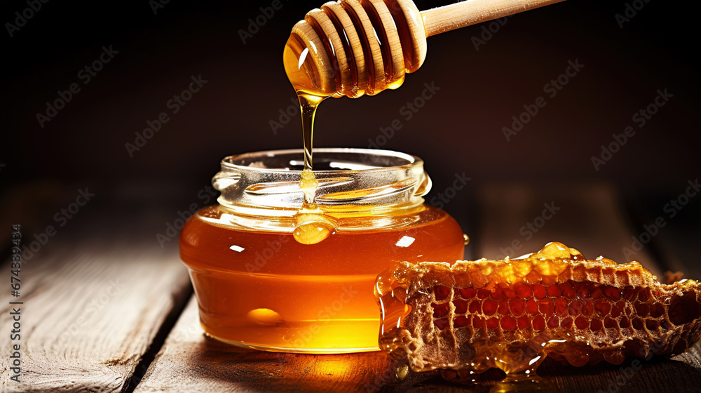 Close-up of a jar of honey, a dipper with dripping honey, on a wooden table with dark background. Generative AI