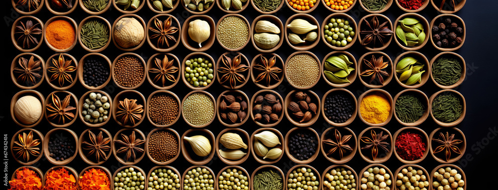 Collection of different aromatic spices, seeds and herbs in a wooden boxes, panoramic view from above. Generative AI