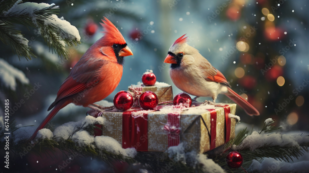 Cardinals perched on a Christmas present gift box