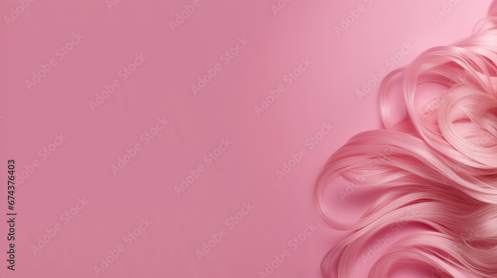 pink rose petals background, Wavy texture of healthy colored curly pink hair isolated on pink background, baner