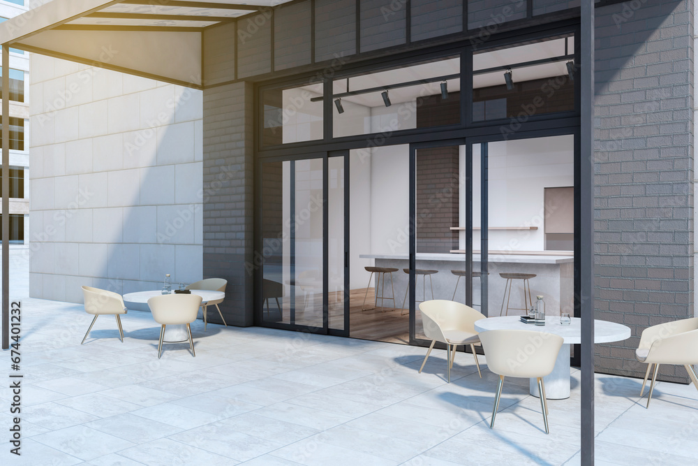 Luxury cafe entrance with tables, chairs and shadows. Coffee shop and restaurant exterior. 3D Rendering.